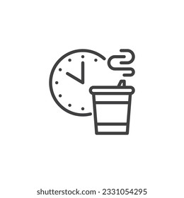 Icono de la línea de tiempo de descanso del café. signo de estilo lineal para concepto móvil y diseño web. Icono de vector de contorno de reloj y café caliente. Símbolo, ilustración del logotipo. Gráficos vectoriales