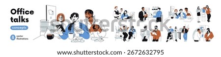 Coffee break time at office. Colleagues at informal meetings with cup, talking, relaxing. Team communication. Conversations with friends at work. Flat vector illustrations isolated on shite background