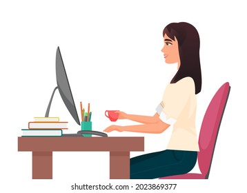 Coffee break time at office workplace, business people work vector illustration. Cartoon young businesswoman character drinking coffee hot beverage, woman working at computer desk isolated on white background.