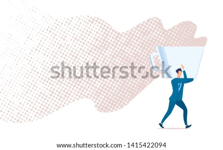 Coffee Break, Time Out, Short Pause in Office Work Flat Vector Concept Isolated on White Background. Businessman or Entrepreneur Walking, Carrying Huge, Steaming Coffee Cup on Shoulder Illustration