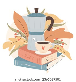 Coffee break time. Reading time. Cozy autumn days concept.