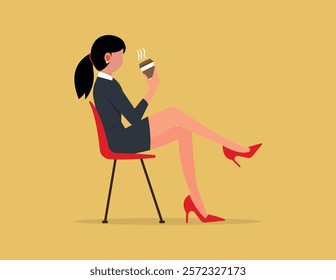 Coffee break time to relax.  Businesswoman chilling on a chair and drinking coffee