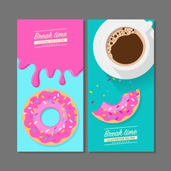 Coffee Break Time With Strawberry Donuts, Coffee Cup And Pink Strawberry Donut Top View Vector Illustration On Green Blue Background.