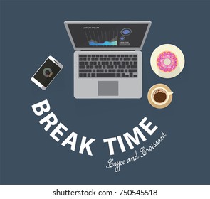 Coffee break time with strawberry donuts, Coffee cup and Pink Strawberry donut, mobile phone and laptop top view vector illustration on gray blue background. Happy work time, Have fun, 