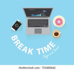 Coffee break time with strawberry donuts, Coffee cup and Pink Strawberry donut, mobile phone and laptop top view vector illustration on blue background. Happy work time, Have fun,
