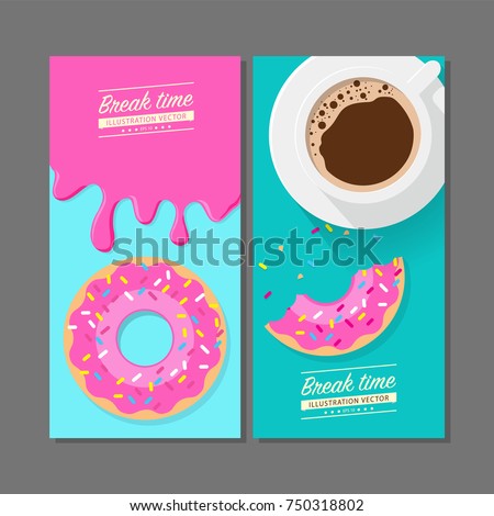 Coffee break time with strawberry donuts, Coffee cup and Pink Strawberry donut top view vector illustration on green blue background.