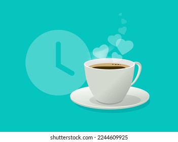 Coffee break time vector icon or breakfast tea cup mug morning with clock watch modern 3d illustration design, cafe restaurant poster idea, fun hot love hearts aroma as steam smoke drink graphic image