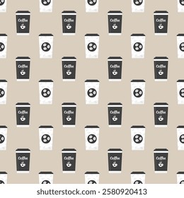 Coffee break, timeout. Seamless pattern with various coffee cups. Coffee to go, texture pattern with cups. Wallpaper template. flat vector illustration