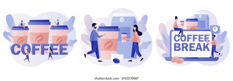 Coffee break. Tiny people businessmen relaxing, will be energized, talking and drinking coffee. Lunch time in office concept. Modern flat cartoon style. Vector illustration on white background