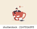 Coffee Break, Tired business man,  Relieve stress from drinking coffee. A businessman or employee sleeps in a large coffee cup.