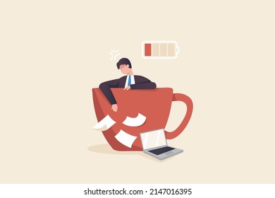 Coffee Break, Tired business man,  Relieve stress from drinking coffee. A businessman or employee sleeps in a large coffee cup.