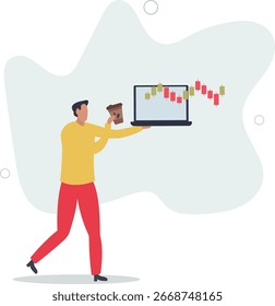 Pausa para café. Comerciante com laptop analisa o conceito de renda market.passive.