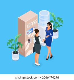Coffee break. Two office employees drink coffee from the coffee machine and talk. Isometric concept of office life. Vector illustration.