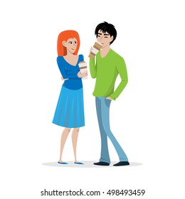 Coffee break. Two young people holding cups of coffee. A man and a woman enjoying their coffee break together. Flat vector illustration on isolated with background. 
