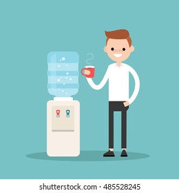 Coffee break: typical office life. Young red head adult is holding a cup of coffee / Flat vector illustration