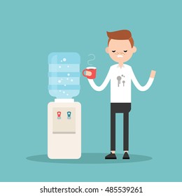 Coffee break: typical office life. Young red head adult is upset because of the coffee stains on his white shirt / Flat vector illustration