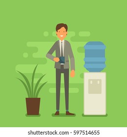 Coffee break, typical office life. Young brown head adult is holding a cup of coffee. Flat vector illustration with plant and water cooler on greenery trendy background.