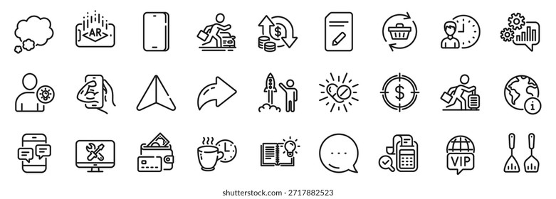 Pausa café, Ideia do usuário e aluguer de carro linha ícones pack. Ícones de plano Compartilhar, Mensagem, Papel. Cogwheel, mensagens de telefone, Alterar ícone da web dinheiro. Telefone, Fitness, pictograma de reparação. Vetor