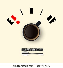 Coffee break. Vector 3d realistic black mug with black coffee and fuel level gauge on a white background. Concept banner with a cup of coffee. Design template. View from above