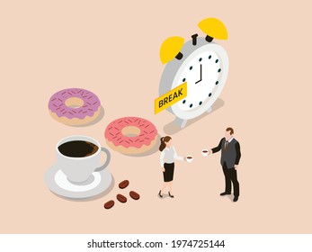 Coffee break vector concept. Two business people enjoying coffee and donuts while relaxing at break time in the office