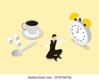 Coffee break vector concept. Young businessman doing yoga exercise during coffee break in the office