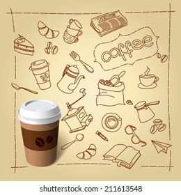 Coffee break vector doodles and empty paper cap