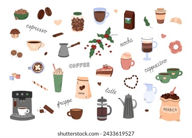 Coffee break vector doodles set.  Morning coffee mug cappuccino, espresso, frappe and mocha. Cute cartoon design elements. Simple hand drawn illustrations. Different doodle beverages, appliances.