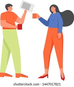 Coffee break, vector flat style design illustration. Business people man and woman drinking coffee while talking to each other. Office situation concept for web banner, website page etc.