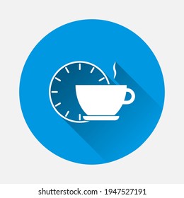 Icono del vector de salto de café sobre fondo azul. Imagen plana con sombra larga.