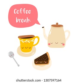 Coffee Break - vector illustration. Vector background with Food characters - coffee cup, coffee pot, piece of cake and a spoon.