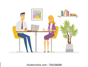 Coffee Break - vector illustration of a business situation. Cartoon people characters of young female, male colleagues, partners having rest, talking at the laptop. Scene with two office workers