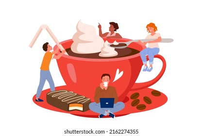 Ilustración vectorial de corte de café. Dibujo de personajes masculinos y femeninos beben bebidas, una chica sostiene una cuchara con crema, un grupo de amigos sentados en una taza gigante de café con postre aislados en blanco