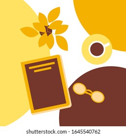 Coffee break vector illustration. A cup of coffee and a book, glasses, plant. Flat style.