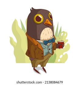 A Coffee break, vector illustration. Morning coffee. Anthropomorphic elegant pigeon in retro outfit holding a cup of coffee. An animal character with a human body. Humanized bird. A city dweller