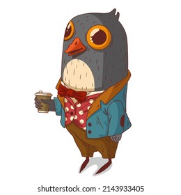 A Coffee break, vector illustration. Morning coffee. Anthropomorphic elegant pigeon in retro outfit holding a cup of coffee. An animal character with a human body. Humanized bird. A city dweller