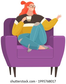 Coffee break vector illustration. Relaxed woman sitting in armchair with cup of hot drink. For homeliness, relaxation and resting concepts. Girl in glasses is resting on chair and drinking coffee