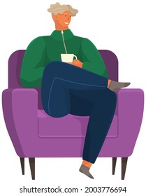 Coffee break vector illustration. Relaxed man sitting in comfortable armchair with cup of hot drink. For homeliness, relaxation and resting concepts. Guy is resting on chair and drinking coffee