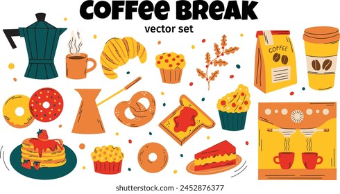 Coffee Break vector illustration set in cartoon style. Collection of different elements: coffee machine, espresso, cappuccino, latte, toast, pancakes, croissant, pretzel, donuts for cafe, shop to go