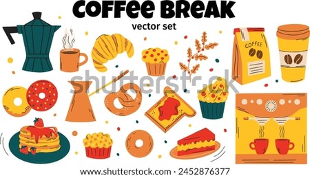 Coffee Break vector illustration set in cartoon style. Collection of different elements: coffee machine, espresso, cappuccino, latte, toast, pancakes, croissant, pretzel, donuts for cafe, shop to go