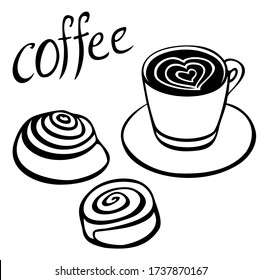 Coffee break vector set with cappuccino and sweet cinnamon buns, and lettering. Ink drawing with contasrt lines, breakfast set coloring page.