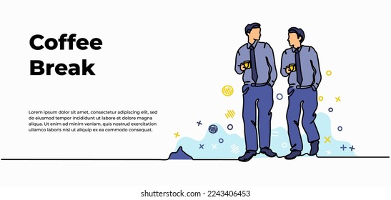 Coffee break web banner. Vector illustration of two young man walking discussing holding coffee cup. Modern flat in continuous line style.