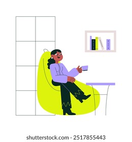 Coffee break for a woman sitting in a comfortable chair in a modern home. Flat vector illustration representing relaxation, comfort, and casual leisure time, isolated on a white background.