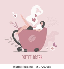 Coffee break woman. Young girl sitting in cup of hot drink. Person with cappuccino or americano. Aroma and beverage. Lady savoring moment of enjoyable coffee break and relaxation. vector illustratio