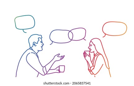 Coffee break at work. Business meeting. Rainbow color. Sketch vector illustration.