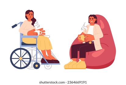 Coffee break at work cartoon flat illustration. Wheelchair woman holding coffee, lady relaxing in bean chair 2D characters isolated on white background. Lunchtime diverse scene vector color image