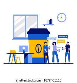 Coffee break at work concept with tiny character. People communicate and discuss business matters flat vector illustration. Employees, friends drink and talk metaphor. Can use for landing page idea.