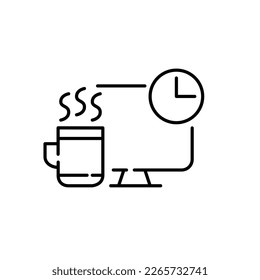 Coffee break at work. Hot mug and clock at desktop computer. Pixel perfect, editable stroke icon