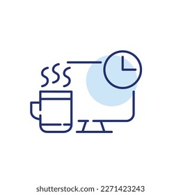 Coffee break at work. Hot mug and clock at desktop computer. Pixel perfect, editable stroke line icon