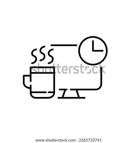 Coffee break at work. Hot mug and clock at desktop computer. Pixel perfect, editable stroke icon