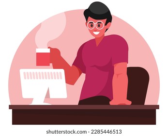 Descanso de café en el trabajo. Un hombre bebe café en su lugar de trabajo. El programador trabaja. Gráficos vectoriales